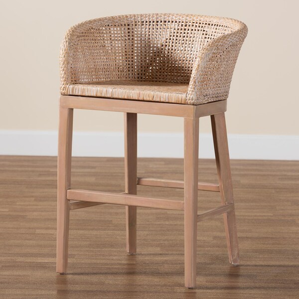 Bali & Pari Papua Modern Bohemian Antique White Washed Rattan and Mahogany Wood Counter Stool - 243-13490-ZORO