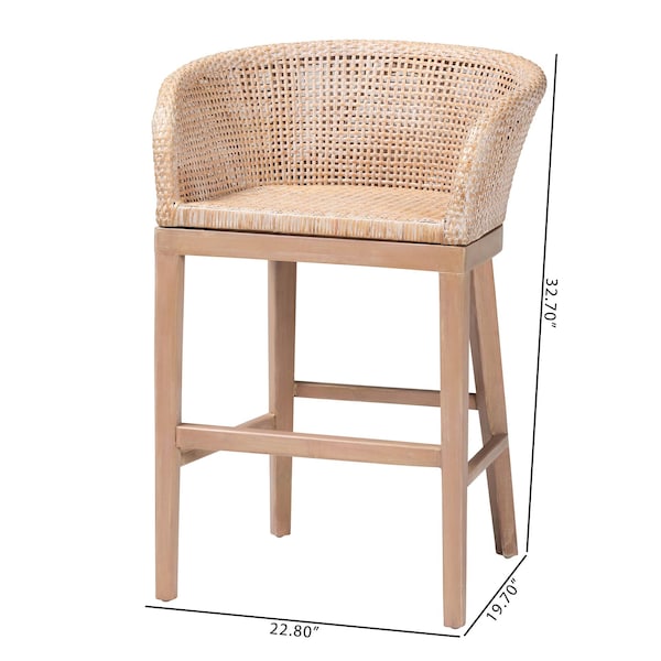 Bali & Pari Papua Modern Bohemian Antique White Washed Rattan and Mahogany Wood Counter Stool - 243-13490-ZORO