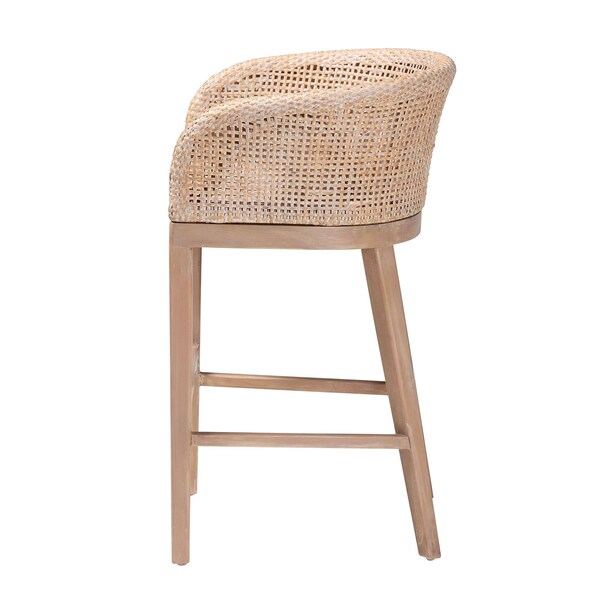Bali & Pari Papua Modern Bohemian Antique White Washed Rattan and Mahogany Wood Counter Stool - 243-13490-ZORO
