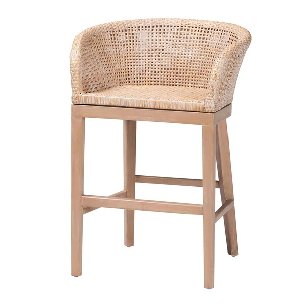 Bali & Pari Papua Modern Bohemian Antique White Washed Rattan and Mahogany Wood Counter Stool - 243-13490-ZORO