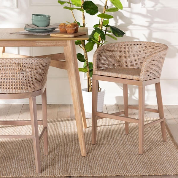 Bali & Pari Papua Modern Bohemian Antique White Washed Rattan and Mahogany Wood Counter Stool - 243-13490-ZORO