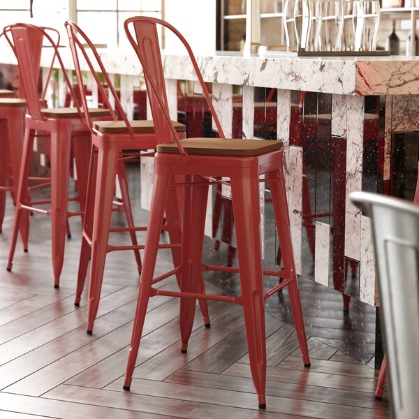 Flash Furniture 30" Red Metal Counter Stool-Teak Poly Seat - CH-31320-30GB-RED-PL2T-GG