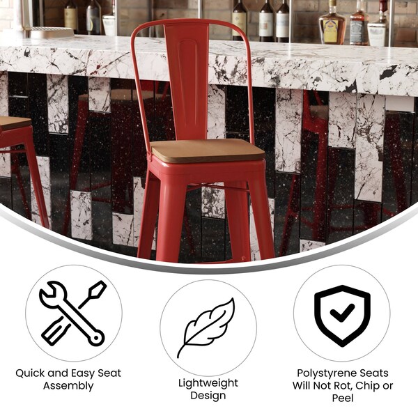Flash Furniture 30" Red Metal Counter Stool-Teak Poly Seat - CH-31320-30GB-RED-PL2T-GG