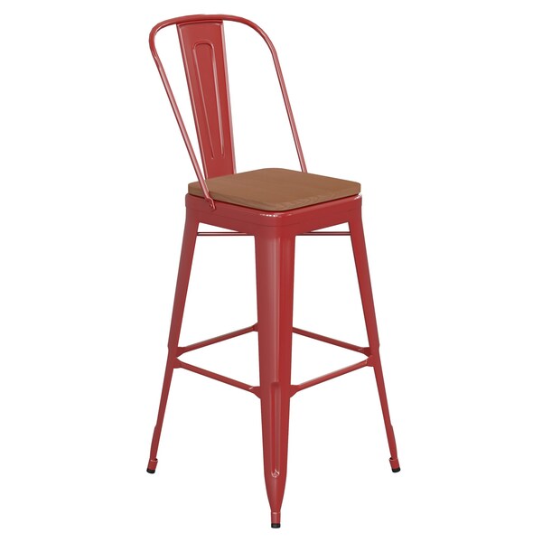 Flash Furniture 30" Red Metal Counter Stool-Teak Poly Seat - CH-31320-30GB-RED-PL2T-GG