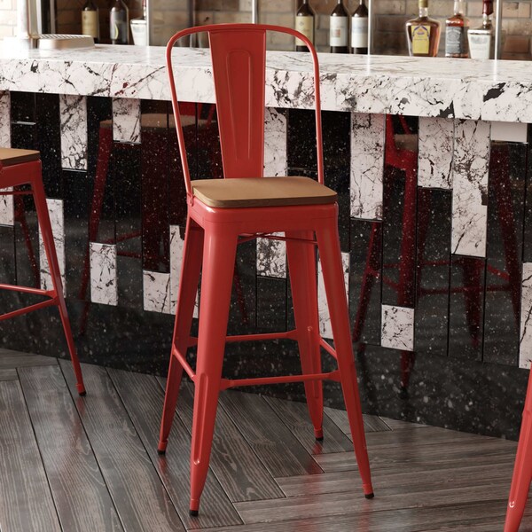 Flash Furniture 30" Red Metal Counter Stool-Teak Poly Seat - CH-31320-30GB-RED-PL2T-GG