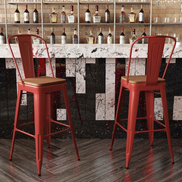 Flash Furniture 30" Red Metal Counter Stool-Teak Poly Seat - CH-31320-30GB-RED-PL2T-GG