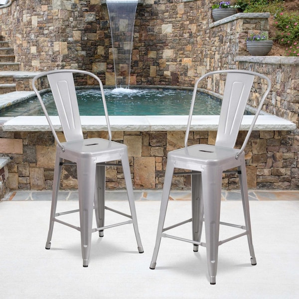 Flash Furniture 24" High Silver Metal Counter Height Stool w/Back - CH-31320-24GB-SIL-GG
