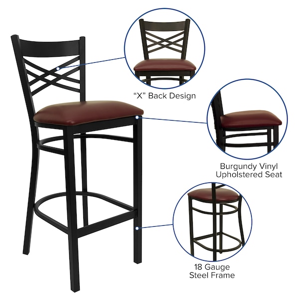 Flash Furniture Restaurant Stool, X Back, Burgundy Seat - XU-6F8BXBK-BAR-BURV-GG