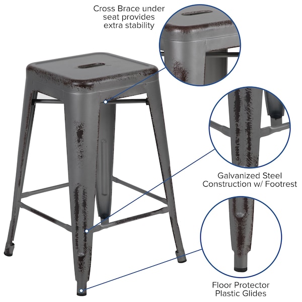 Flash Furniture 24"H Backless Distressed Silver Counter Stool - ET-BT3503-24-SIL-GG