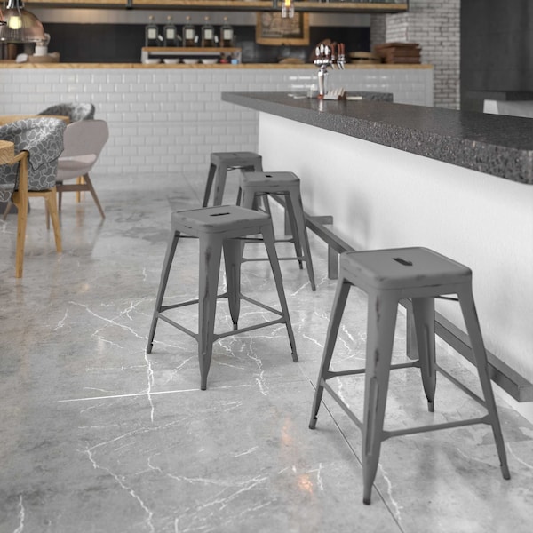 Flash Furniture 24"H Backless Distressed Silver Counter Stool - ET-BT3503-24-SIL-GG