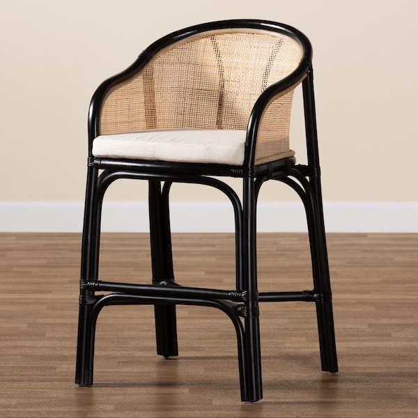Bali & Pari Miranda Modern Bohemian Two-Tone Black and Natural Brown Rattan Counter Stool - 235-13347-ZORO