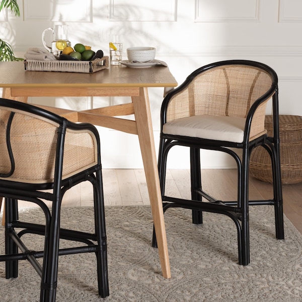 Bali & Pari Miranda Modern Bohemian Two-Tone Black and Natural Brown Rattan Counter Stool - 235-13347-ZORO