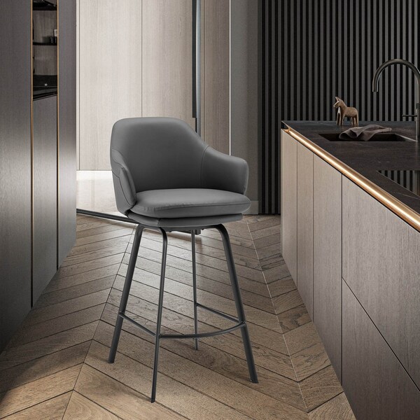 Armen Living Brigden Gray Faux Leather and Black Metal Swivel 26" Counter Stool - LCBRBABLGR26