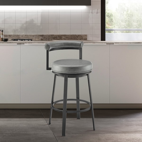 Armen Living Neura Swivel Counter or Bar Stool in Black Finish with Gray Faux Leather - 840254333499