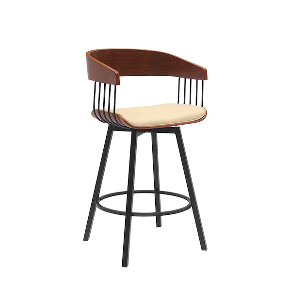 Armen Living Athena 27in Swivel Walnut Wood Counter Stool in Cream Faux Leather with Black Metal - LCATBAWACR26