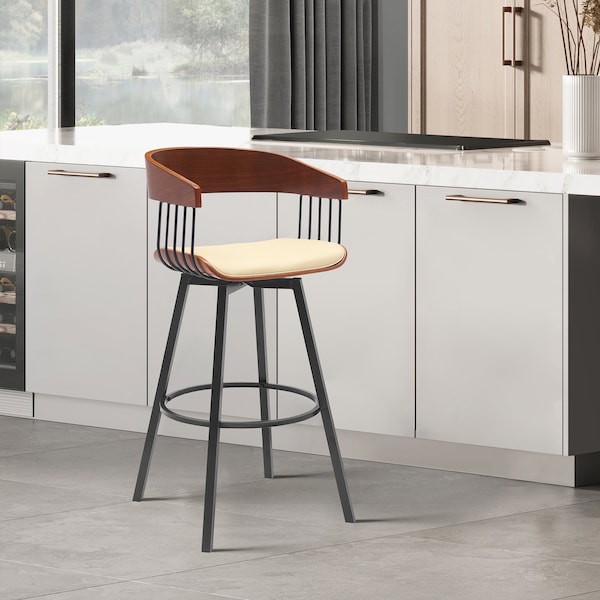 Armen Living Athena 27in Swivel Walnut Wood Counter Stool in Cream Faux Leather with Black Metal - LCATBAWACR26