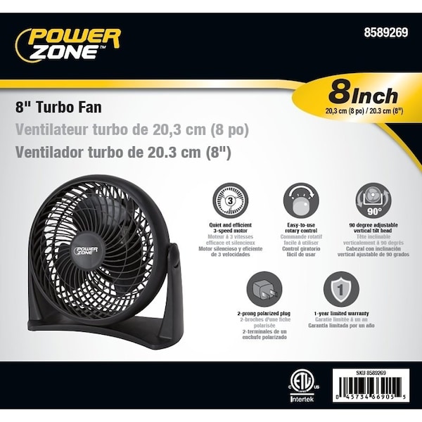 Powerzone PowerZone AC-08 Turbo Fan, 8 in Dia Blade, 120 VAC, Black - AC-08