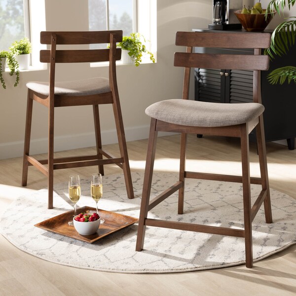 Baxton Studio Larine Grey Upholstered Walnut Finished 2-Piece Counter Stool Set - 159-9697