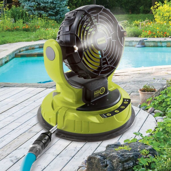 Sun Joe 24V, 2.0Ah Portable 3-Speed, Rot. Univ. Bucket Top Misting Fan w/Bucket & Hose - 24V-MSTFAN-LTE