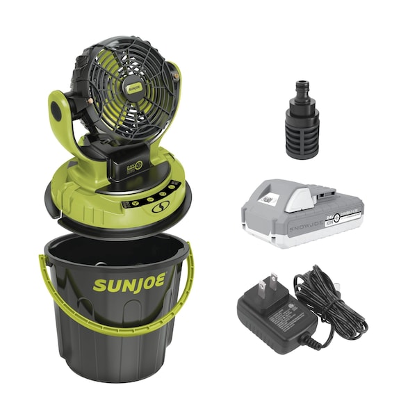 Sun Joe 24V, 2.0Ah Portable 3-Speed, Rot. Univ. Bucket Top Misting Fan w/Bucket & Hose - 24V-MSTFAN-LTE