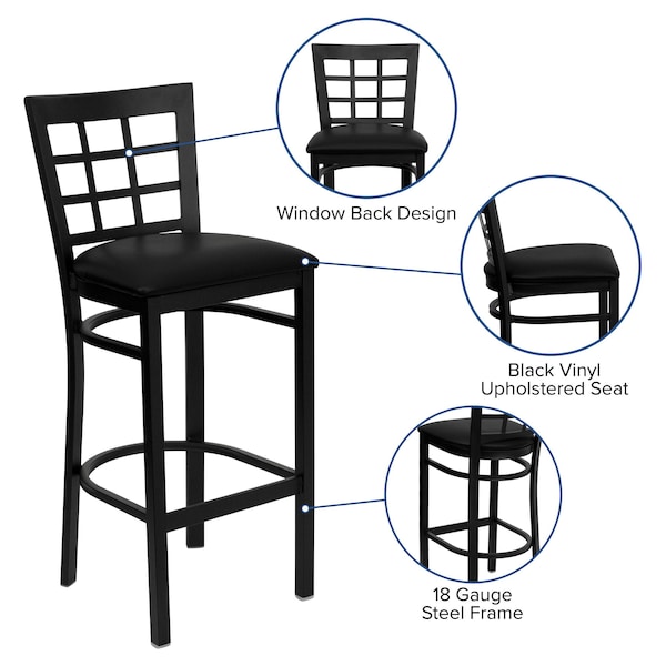 Flash Furniture Restaurant Stool, Window Back, Black Seat - XU-DG6R7BWIN-BAR-BLKV-GG
