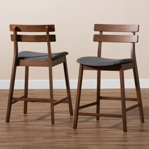 Baxton Studio Larine Dark Grey Upholstered Walnut Finished 2-Piece Counter Stool Set - 159-9698
