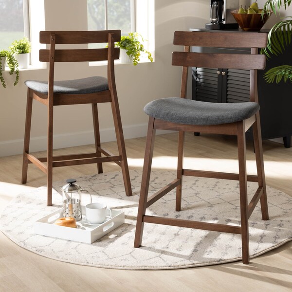 Baxton Studio Larine Dark Grey Upholstered Walnut Finished 2-Piece Counter Stool Set - 159-9698