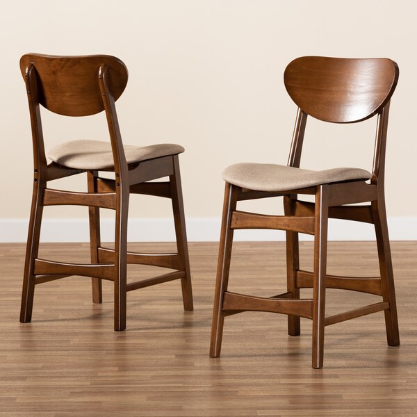 Baxton Studio Katya Mid-Century Modern Sand Fabric and Walnut Brown Finished Wood 2-Piece Counter Stool Set - 183-11639-ZORO