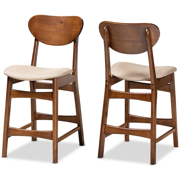 Baxton Studio Katya Mid-Century Modern Sand Fabric and Walnut Brown Finished Wood 2-Piece Counter Stool Set - 183-11639-ZORO