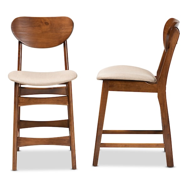 Baxton Studio Katya Mid-Century Modern Sand Fabric and Walnut Brown Finished Wood 2-Piece Counter Stool Set - 183-11639-ZORO