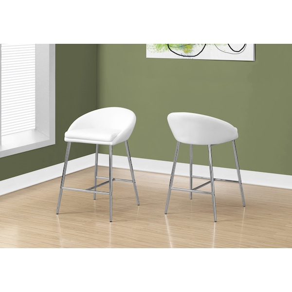 Monarch Specialties Bar Stool, Set Of 2, Counter Height, Kitchen, Metal, Pu Leather Look, White, Chrome, Contemporary - I 2296