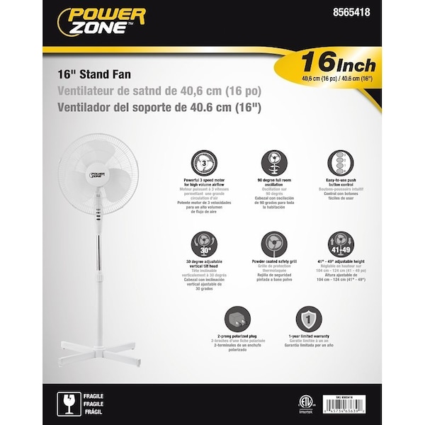 Powerzone PowerZone FS-40E Oscillating Floor Fan, 3-Blade, 3-Speed, 120 V, White - FS-40E