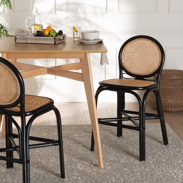 Bali & Pari Ayana Mid-Century Modern Two-Tone Black and Natural Brown Rattan Counter Stool - 235-13348-ZORO