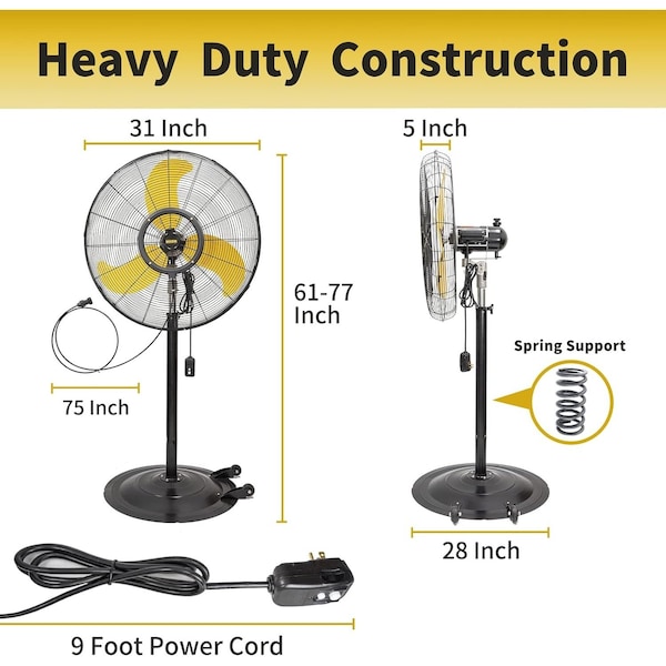 Edendirect 30 in. 3 Speeds Pedestal Fan in Yellow with IP44 Enclosure 1/3 HP Motor, Detachable Mist Spray Kit - IR-FANP30WM