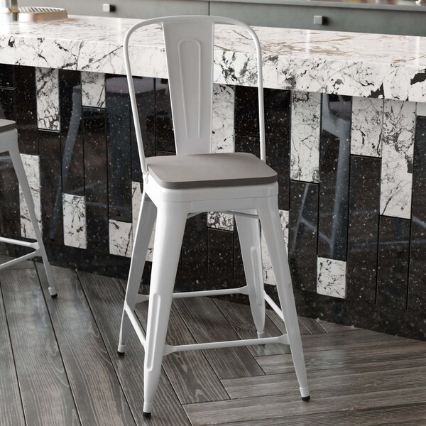 Flash Furniture 24" White Metal Counter Stool-Gray Poly Seat - CH-31320-24GB-WH-PL2G-GG