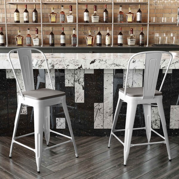 Flash Furniture 24" White Metal Counter Stool-Gray Poly Seat - CH-31320-24GB-WH-PL2G-GG