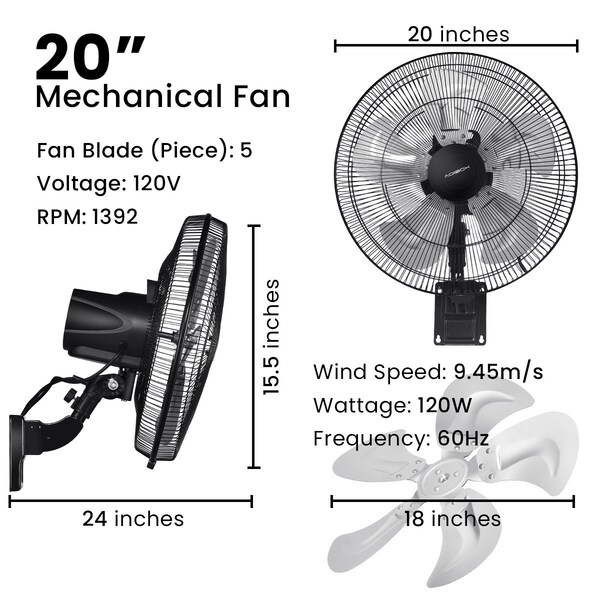 Edendirect 18 in. 90-Degree 5-Speed Settings Black Wall Mount Fan Horizontal Oscillation Indoor/Outdoor - IR-W2815P200997