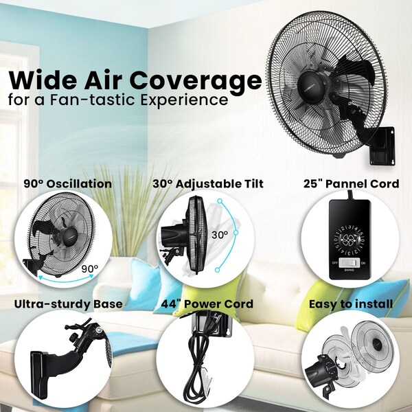 Edendirect 18 in. 90-Degree 5-Speed Settings Black Wall Mount Fan Horizontal Oscillation Indoor/Outdoor - IR-W2815P200997