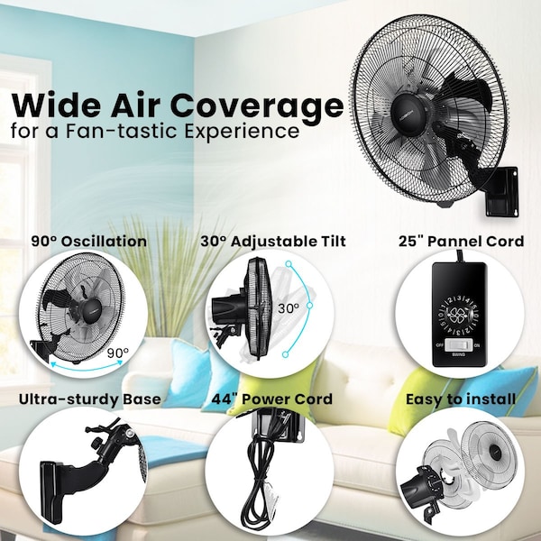 Edendirect 18 in. 90-Degree 5-Speed Settings Black Wall Mount Fan Horizontal Oscillation Indoor/Outdoor - IR-W2815P200997