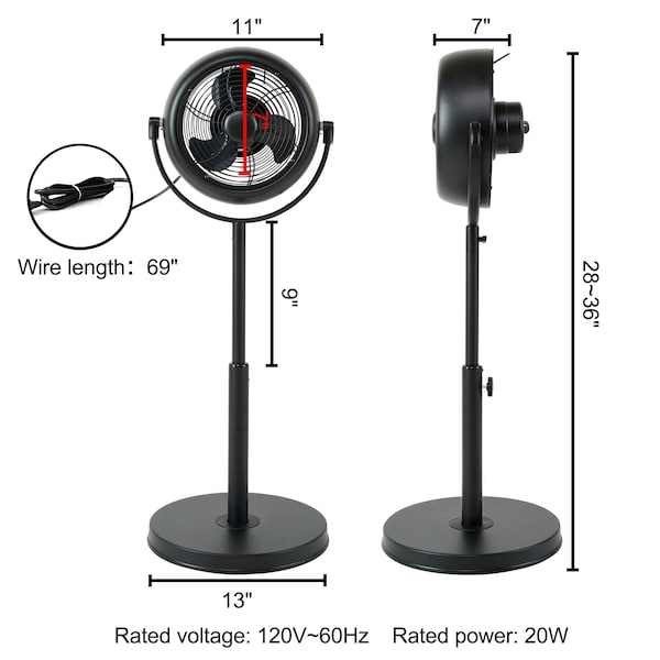 Edendirect 8 in. 3-Fan Speeds Pedestal Fan in Black with 360deg Rotatable, Adjustable Height - IR-STANDRETRO8B
