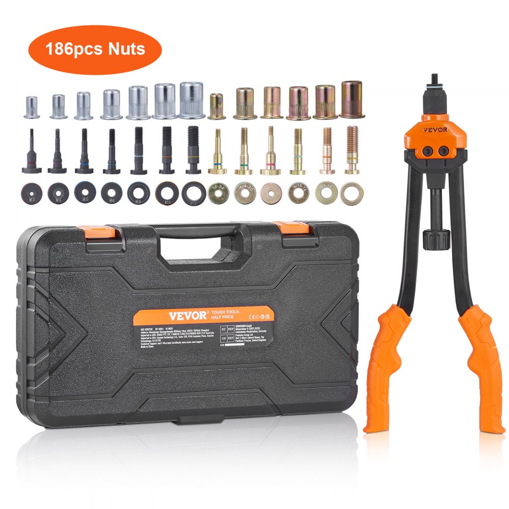 VEVOR 16" Rivet Nut Tool, Labor-Saving Rivnut Tool Kit with 13PCS Metric & SAE Mandrels, 186PCS Rivet Nuts,M3, M4, M5, M6, M8, M10, M12, 1/4-20, 5/16-18, 3/8-16,1/2-13, 8-32, 10-24 With Carrying Case - MLMQWSBS16YC3FC0WV0