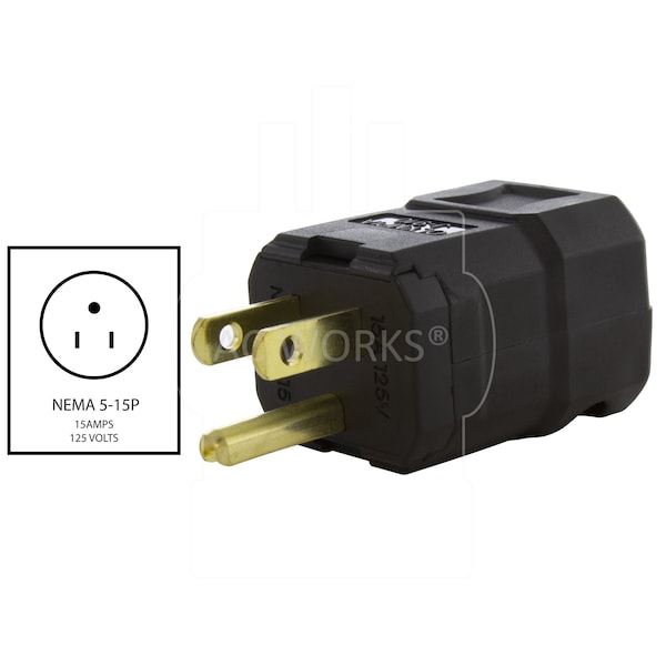 Ac Works NEMA 5-15P 15A 125V Clamp Style Square Household Plug with UL, C-UL Approval in Black - ASQ515P-BK