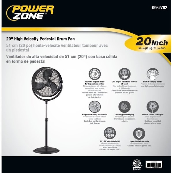 Powerzone PowerZone FES50-T2 Pedestal Fan with Drum/Stand, 3-Blade, 3-Speed, 120 V, Black - FES50-T2