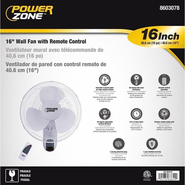 Powerzone PowerZone FW40-S1 Wall-Mount Fan, 3-Speed, White - FW40-S1