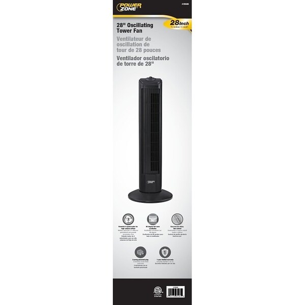 Powerzone PowerZone TF-28B Oscillating Fan Tower, 3-Speed, 120 V, Black - TF-28B