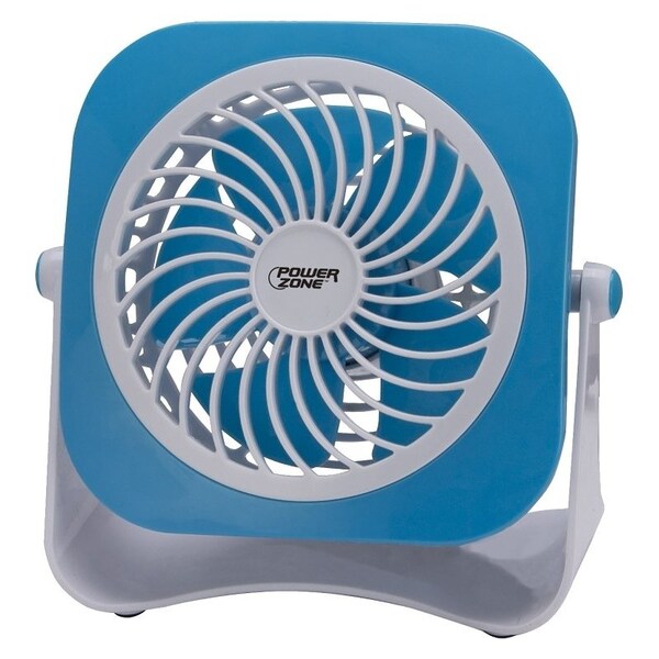 Powerzone Tabletop Fan, 5 VDC, 4 in Dia Blade, 5-Blade, 2-Speed, 48 in L Cord, White/Blue OR White/Red - QT-U403B