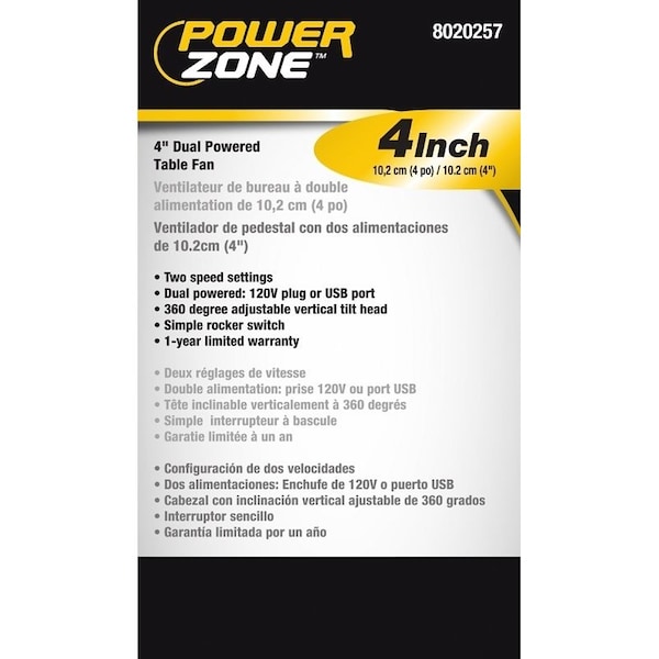 Powerzone Tabletop Fan, 5 VDC, 4 in Dia Blade, 5-Blade, 2-Speed, 48 in L Cord, White/Blue OR White/Red - QT-U403B