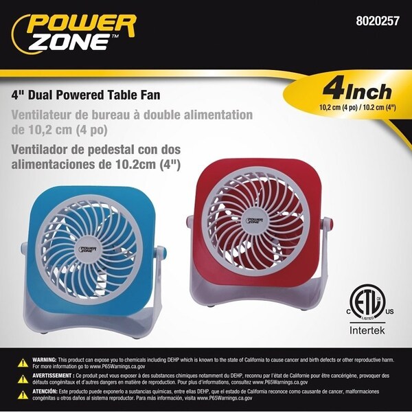 Powerzone Tabletop Fan, 5 VDC, 4 in Dia Blade, 5-Blade, 2-Speed, 48 in L Cord, White/Blue OR White/Red - QT-U403B