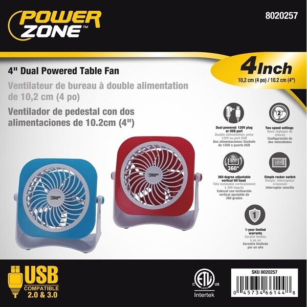 Powerzone Tabletop Fan, 5 VDC, 4 in Dia Blade, 5-Blade, 2-Speed, 48 in L Cord, White/Blue OR White/Red - QT-U403B