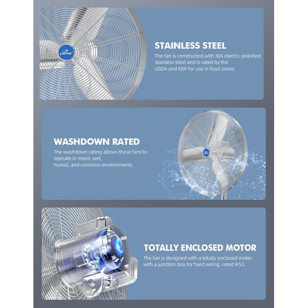 Iliving Silver 24 in. Pedestal Washdown Fan, 7200 CFM, 1/4 HP, Single Phase 115/230V - ILG8WD24-2P